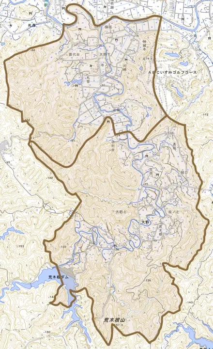 大野とその周辺の地図。町の範囲を重ねている