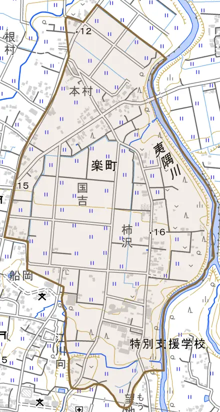 楽町とその周辺の地図。町の範囲を重ねている