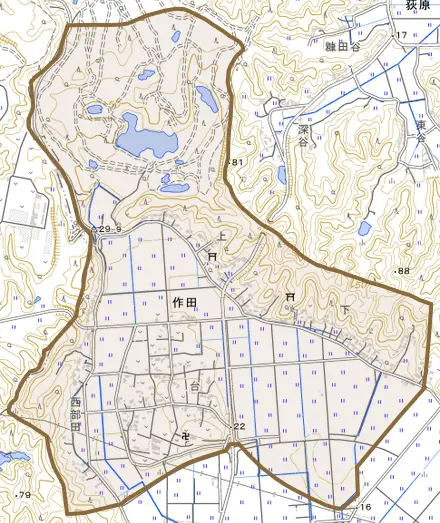 作田とその周辺の地図。町の範囲を重ねている