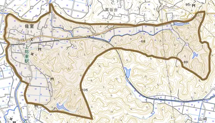 佐室とその周辺の地図。町の範囲を重ねている