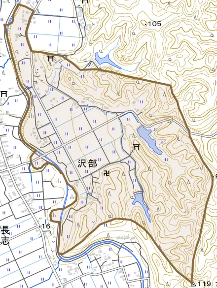 沢部とその周辺の地図。町の範囲を重ねている