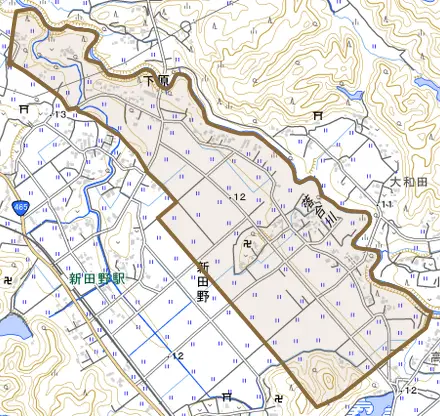 下原とその周辺の地図。町の範囲を重ねている