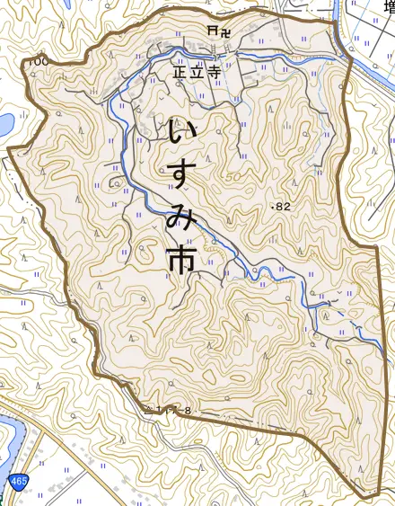 正立寺とその周辺の地図。町の範囲を重ねている