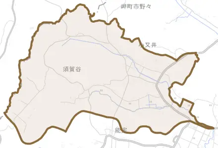 須賀谷とその周辺の地図。町の範囲を重ねている
