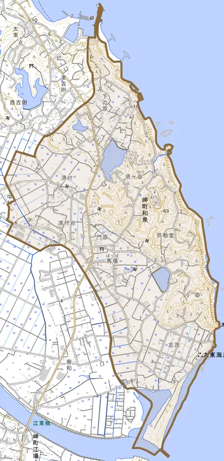 岬町和泉とその周辺の地図。町の範囲を重ねている