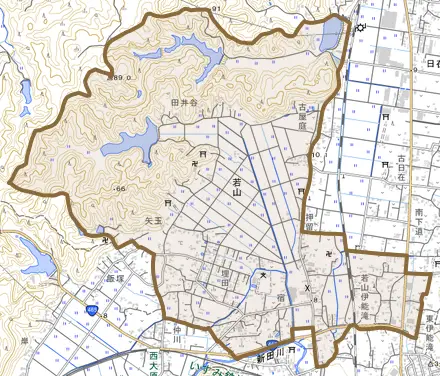 若山とその周辺の地図。町の範囲を重ねている