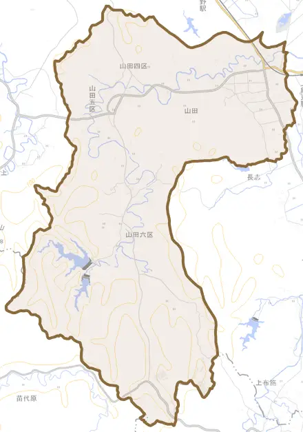 山田とその周辺の地図。町の範囲を重ねている