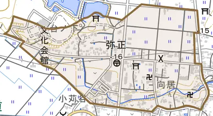 弥正とその周辺の地図。町の範囲を重ねている