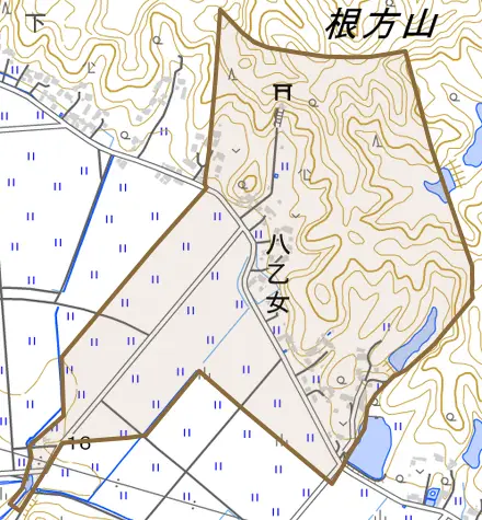 八乙女とその周辺の地図。町の範囲を重ねている