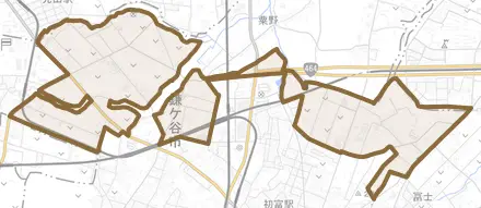 初富とその周辺の地図。町の範囲を重ねている