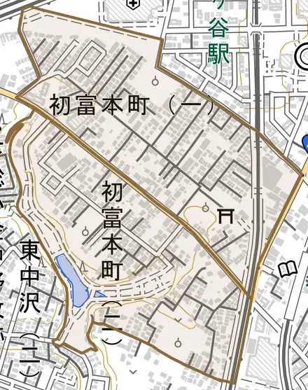初富本町とその周辺の地図。町の範囲を重ねている