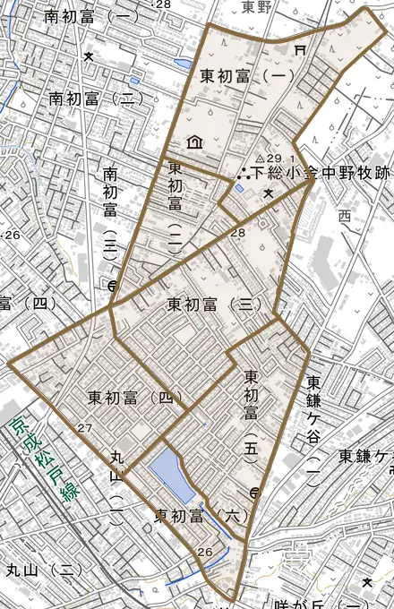 東初富とその周辺の地図。町の範囲を重ねている