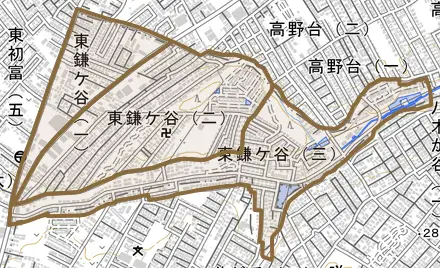 東鎌ケ谷とその周辺の地図。町の範囲を重ねている