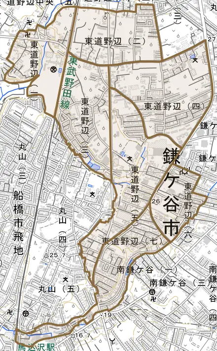 東道野辺とその周辺の地図。町の範囲を重ねている