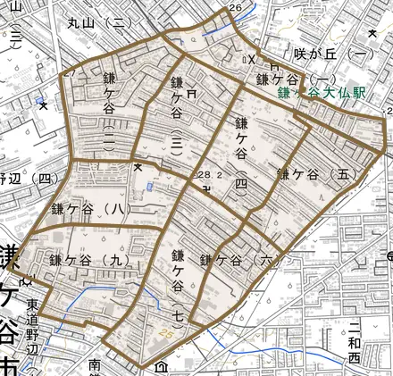 鎌ケ谷とその周辺の地図。町の範囲を重ねている