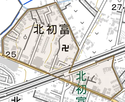北初富とその周辺の地図。町の範囲を重ねている