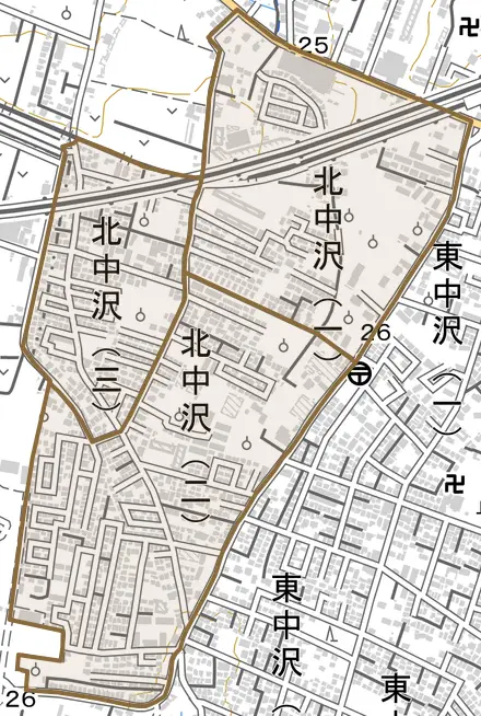 北中沢とその周辺の地図。町の範囲を重ねている