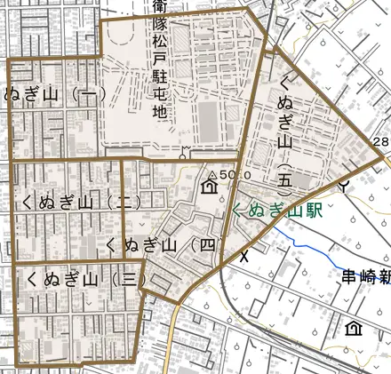 くぬぎ山とその周辺の地図。町の範囲を重ねている