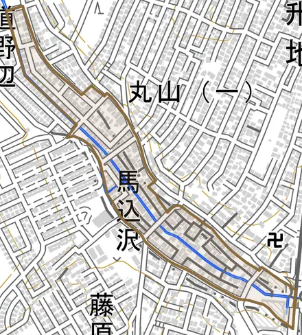 馬込沢とその周辺の地図。町の範囲を重ねている