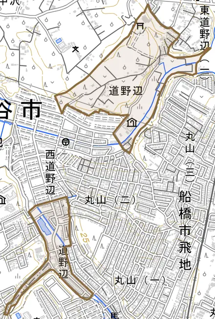 道野辺とその周辺の地図。町の範囲を重ねている