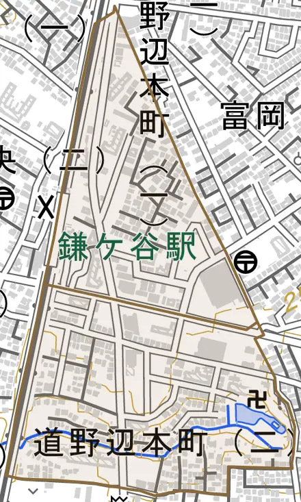 道野辺本町とその周辺の地図。町の範囲を重ねている