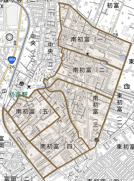 南初富とその周辺の地図。町の範囲を重ねている