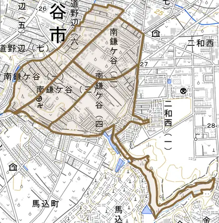 南鎌ケ谷とその周辺の地図。町の範囲を重ねている
