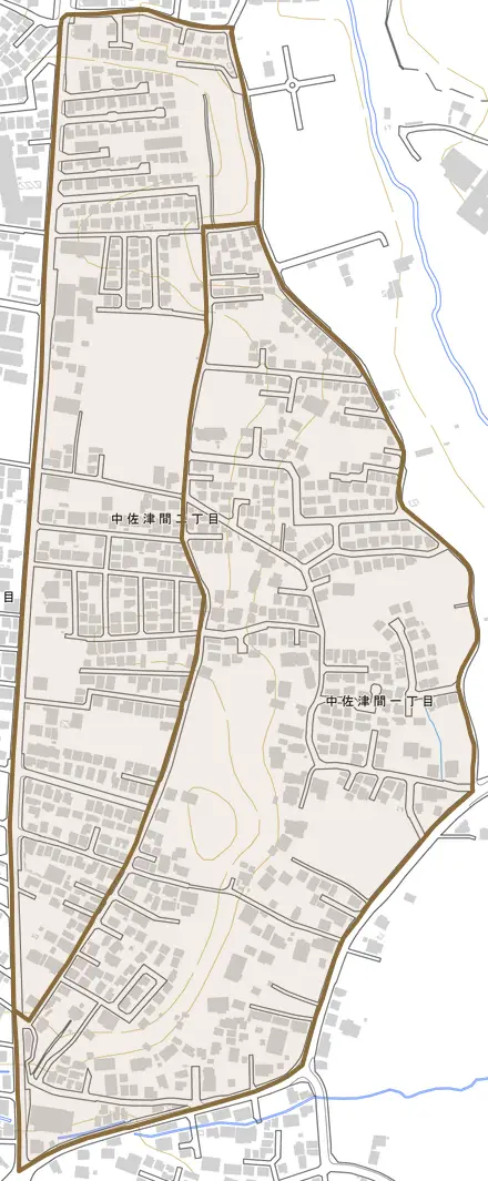 中佐津間とその周辺の地図。町の範囲を重ねている