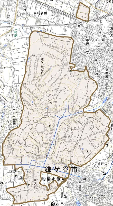 中沢とその周辺の地図。町の範囲を重ねている