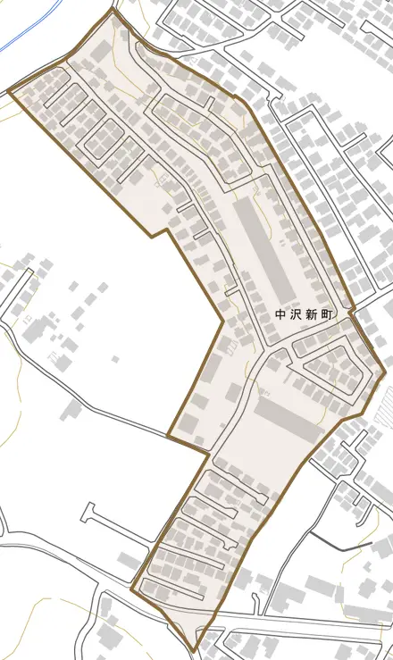 中沢新町とその周辺の地図。町の範囲を重ねている