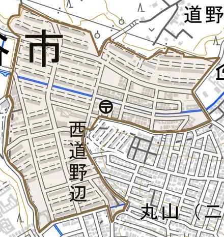 西道野辺とその周辺の地図。町の範囲を重ねている