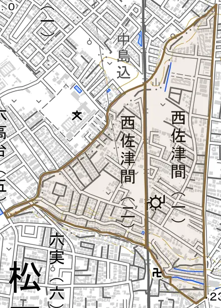 西佐津間とその周辺の地図。町の範囲を重ねている