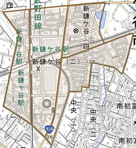 新鎌ケ谷とその周辺の地図。町の範囲を重ねている