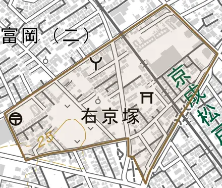 右京塚とその周辺の地図。町の範囲を重ねている