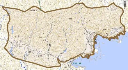 天面とその周辺の地図。町の範囲を重ねている