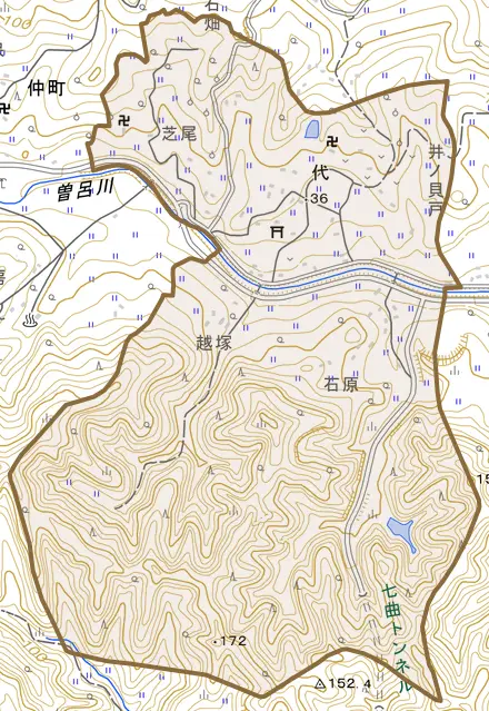 代とその周辺の地図。町の範囲を重ねている