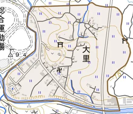 大里とその周辺の地図。町の範囲を重ねている