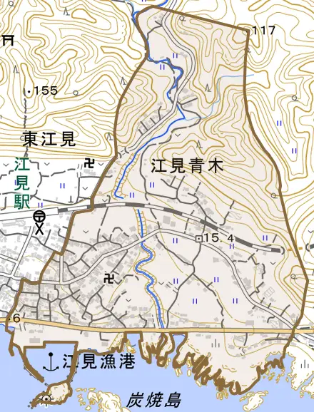 江見青木とその周辺の地図。町の範囲を重ねている