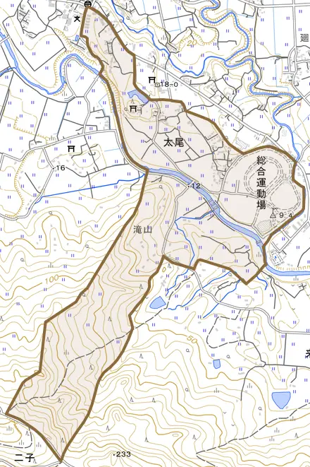 太尾とその周辺の地図。町の範囲を重ねている