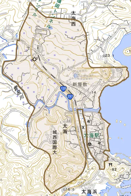 太海とその周辺の地図。町の範囲を重ねている