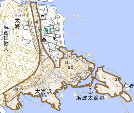 太海浜とその周辺の地図。町の範囲を重ねている