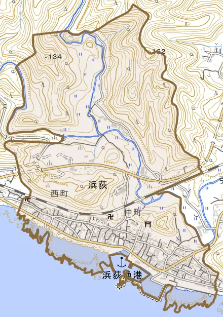 浜荻とその周辺の地図。町の範囲を重ねている
