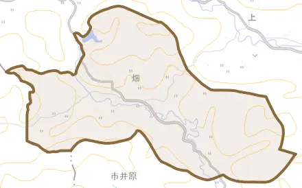 畑とその周辺の地図。町の範囲を重ねている