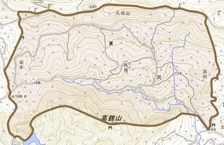 東とその周辺の地図。町の範囲を重ねている