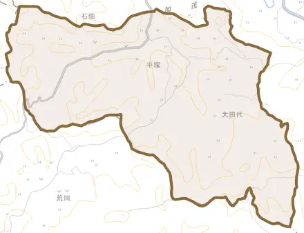 平塚とその周辺の地図。町の範囲を重ねている