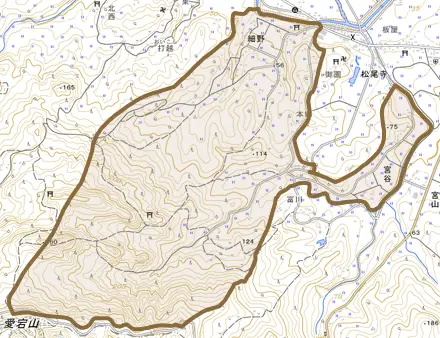 細野とその周辺の地図。町の範囲を重ねている