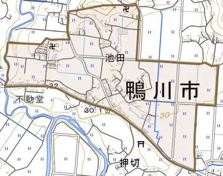 池田とその周辺の地図。町の範囲を重ねている