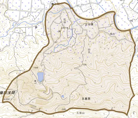 上小原とその周辺の地図。町の範囲を重ねている