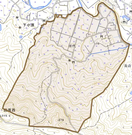 川代とその周辺の地図。町の範囲を重ねている