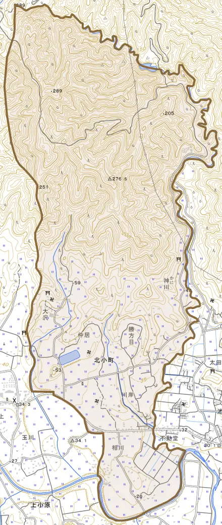 北小町とその周辺の地図。町の範囲を重ねている